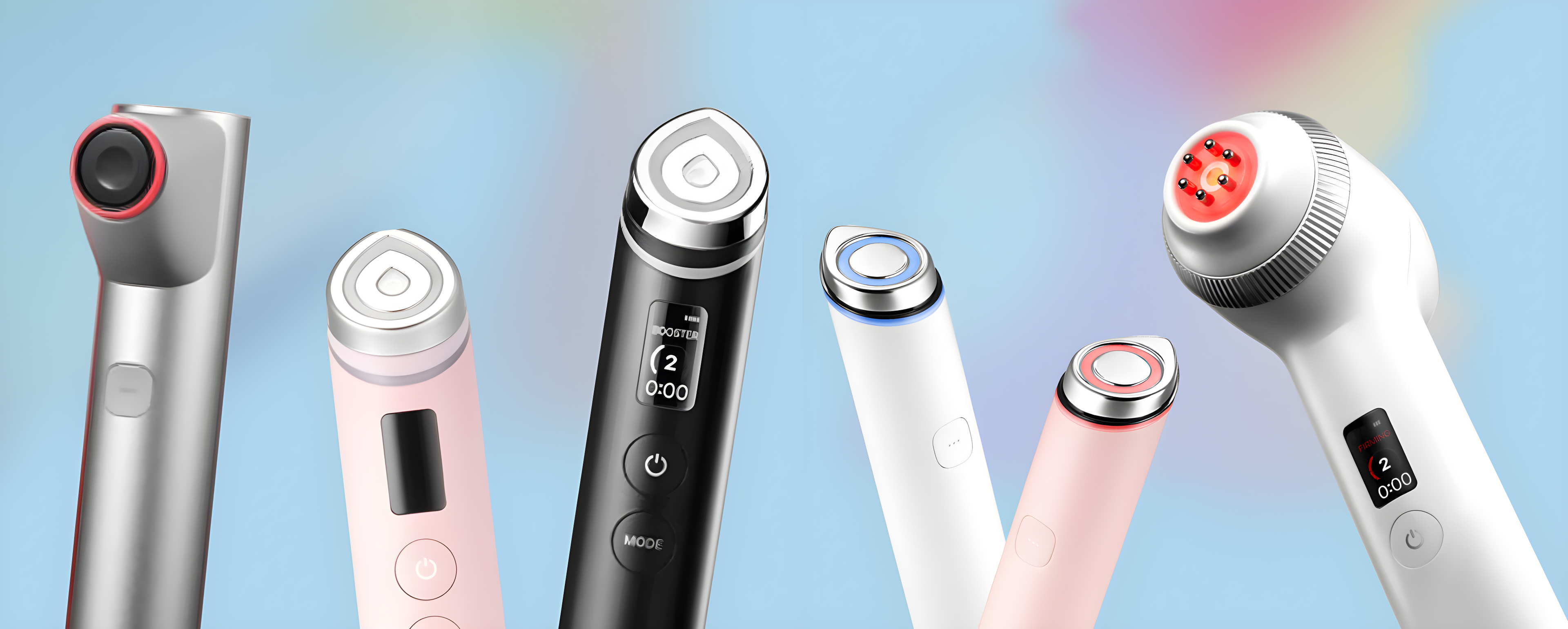 Set of Medicube skincare devices with different designs on a colorful background