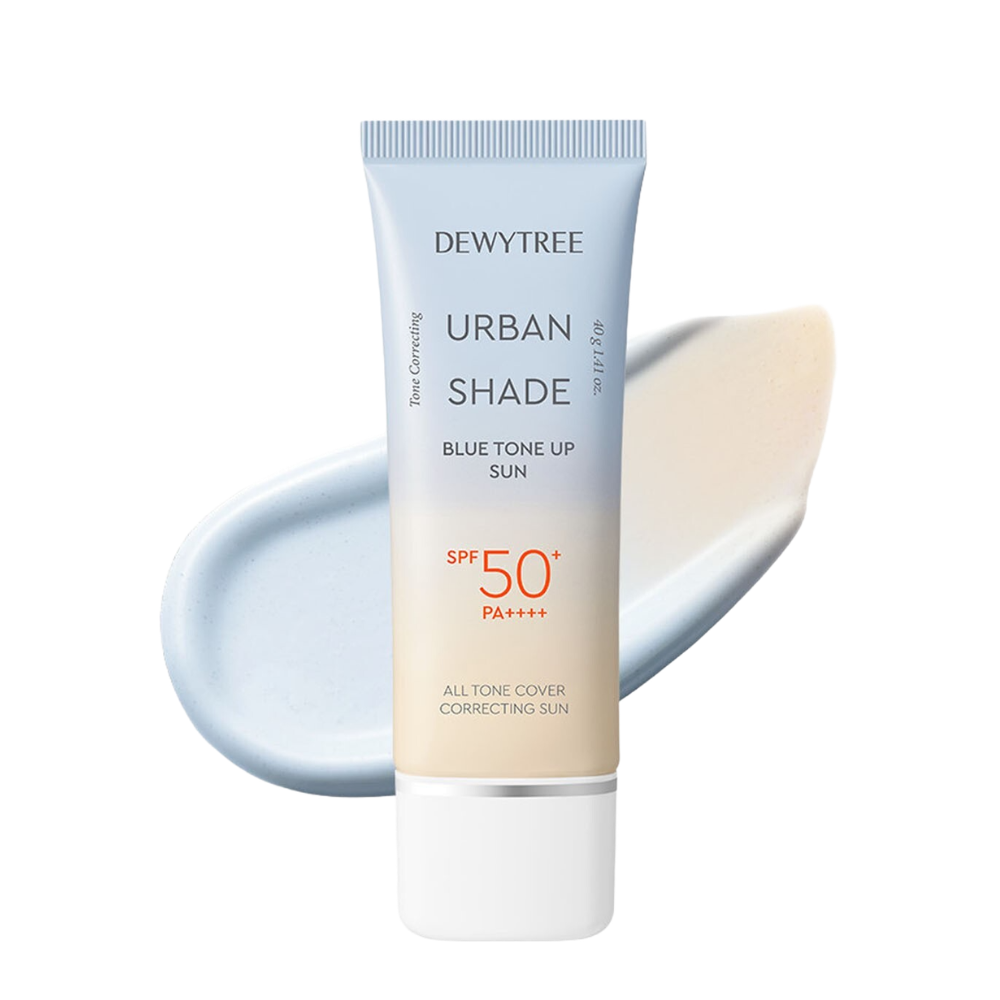 Dewytree Urban Shade Blue Tone Up Sun SPF 50 PA++++ tube centered on a white background, with a pale blue and beige product smear behind it.
